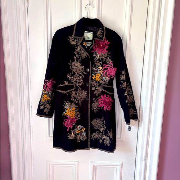 paparazzi Jackets & Blazers - Paparazzi by Biz Black Embroidered Floral Long Button Front Boho Jacket Medium